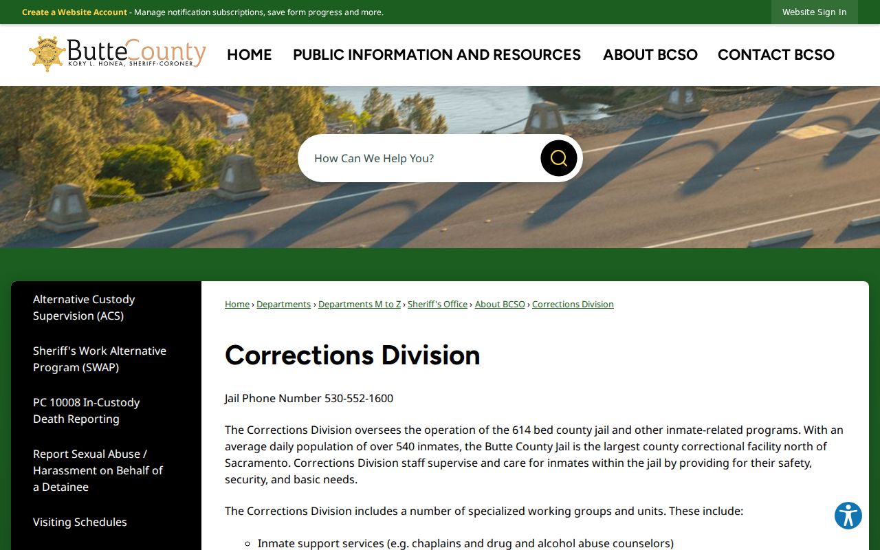 Butte County arrest records Corrections Division page