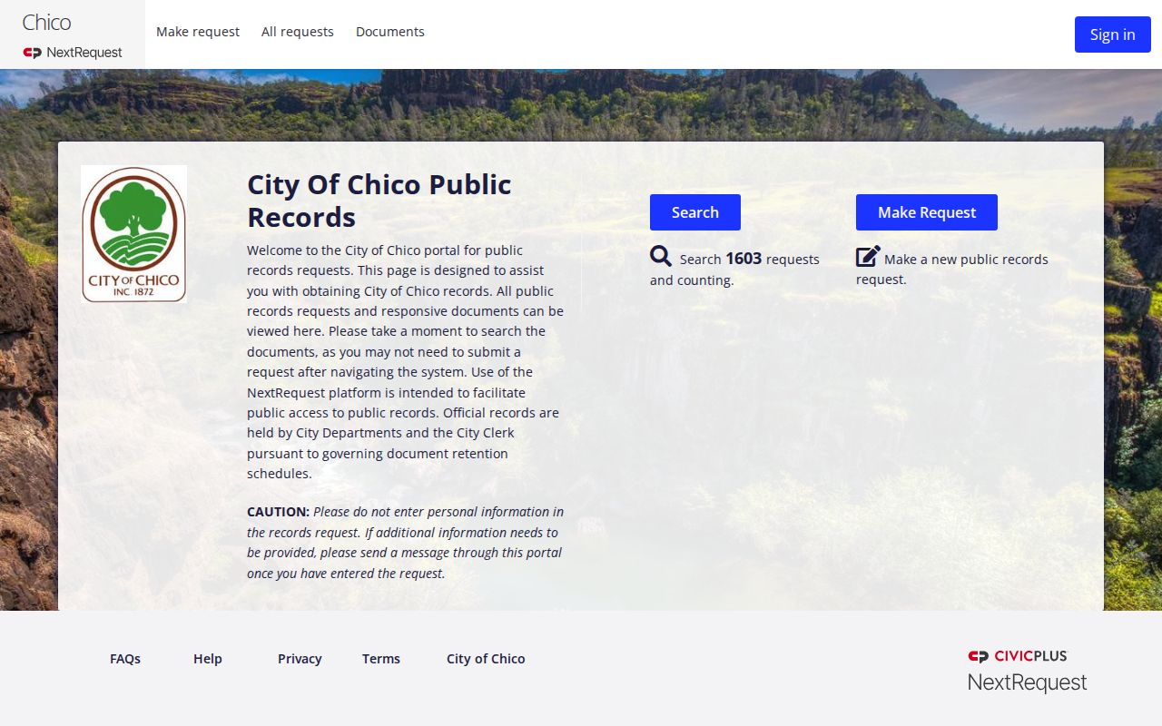 Chico criminal record request through NextRequest