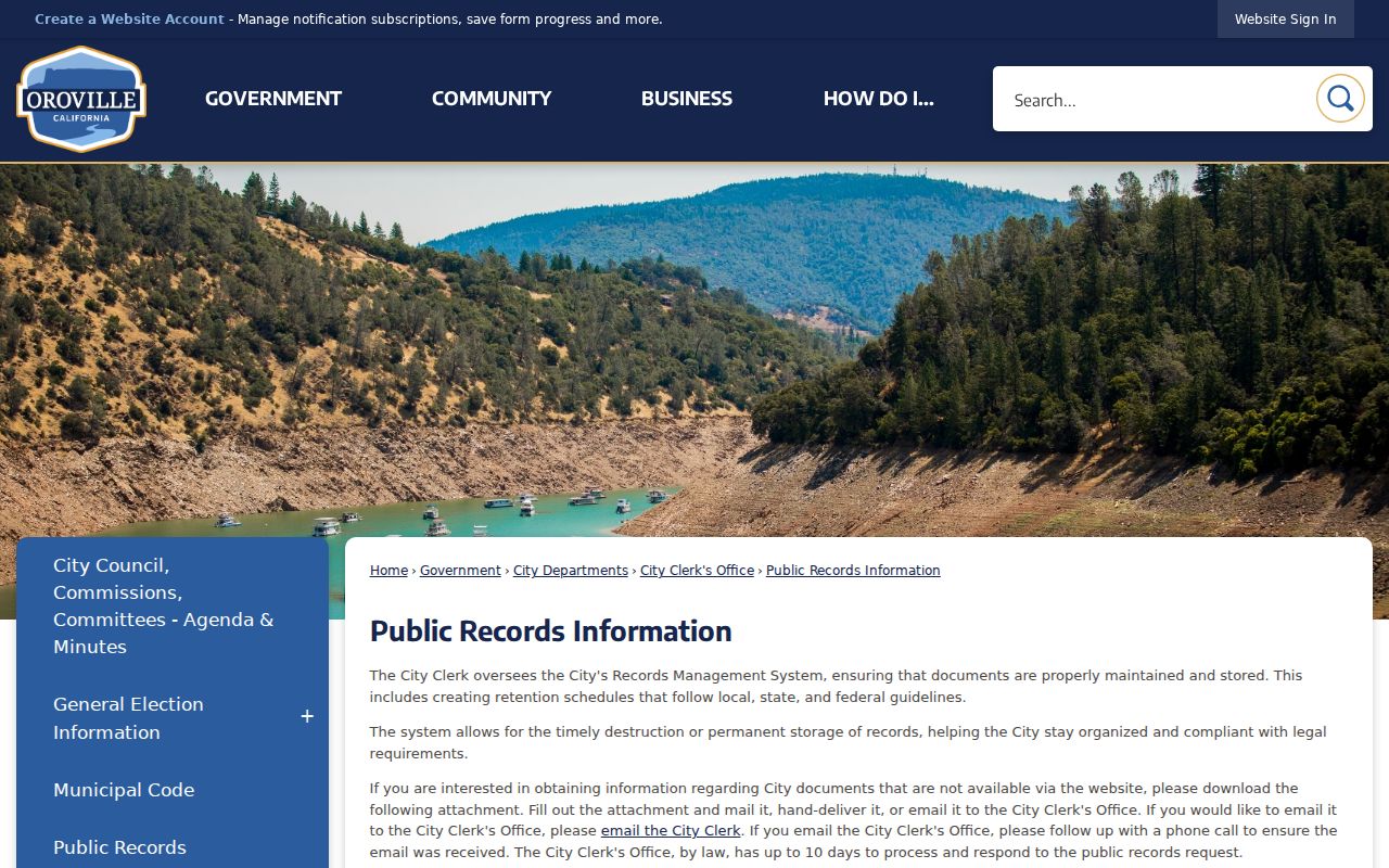 City of Oroville public records information and request instructions