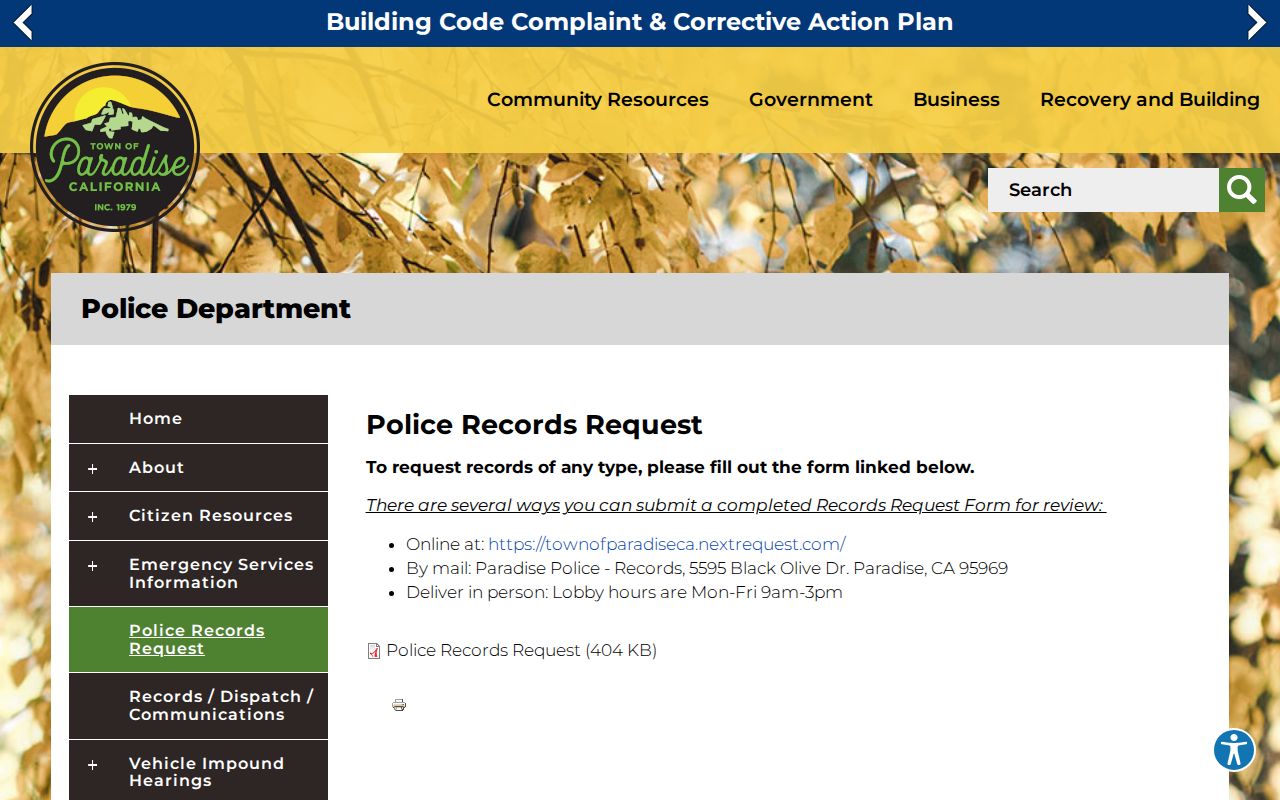 Paradise Police records request methods and instructions