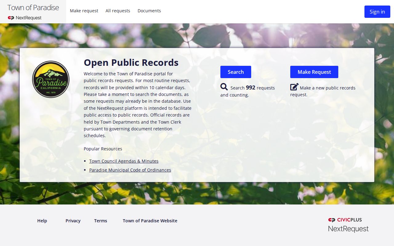 Town of Paradise NextRequest public records portal