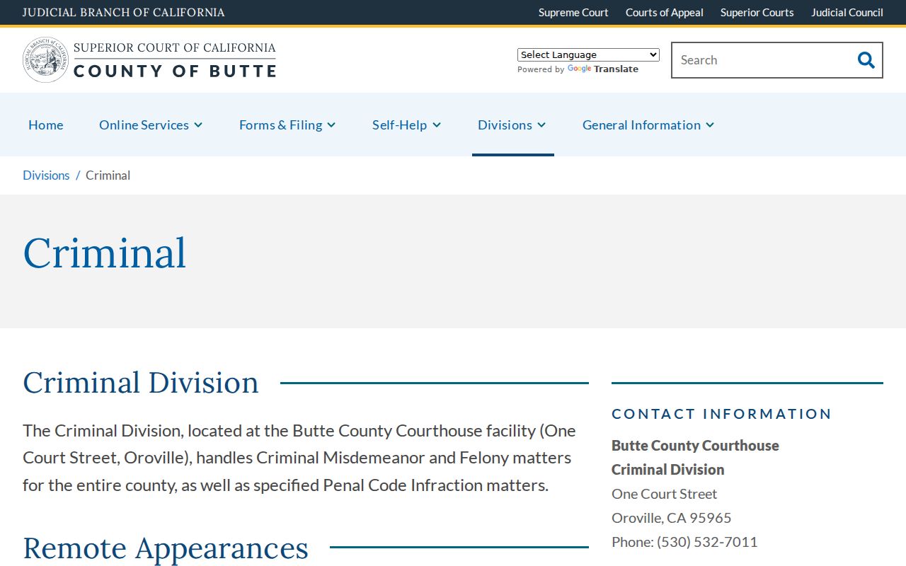 Butte County court case lookup Criminal Division page
