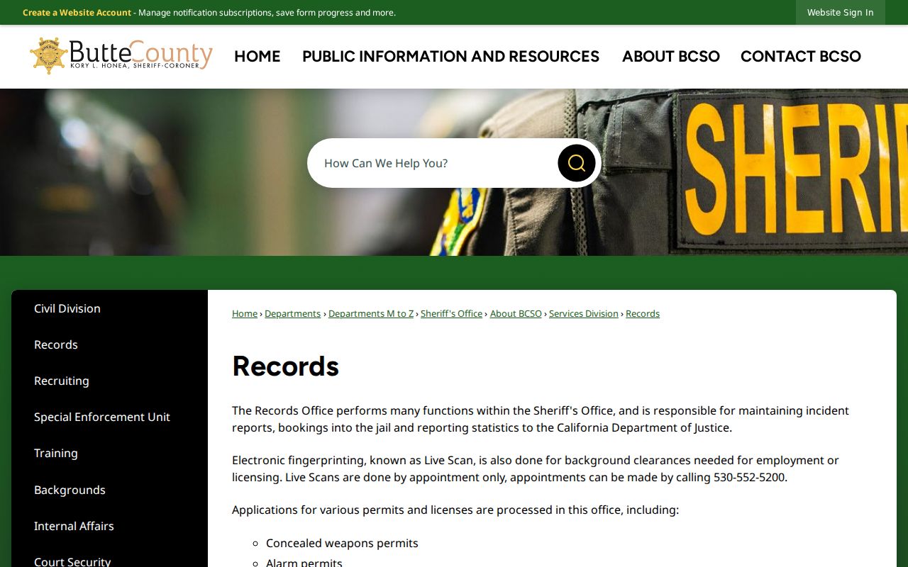 Butte County Sheriff Records Division services