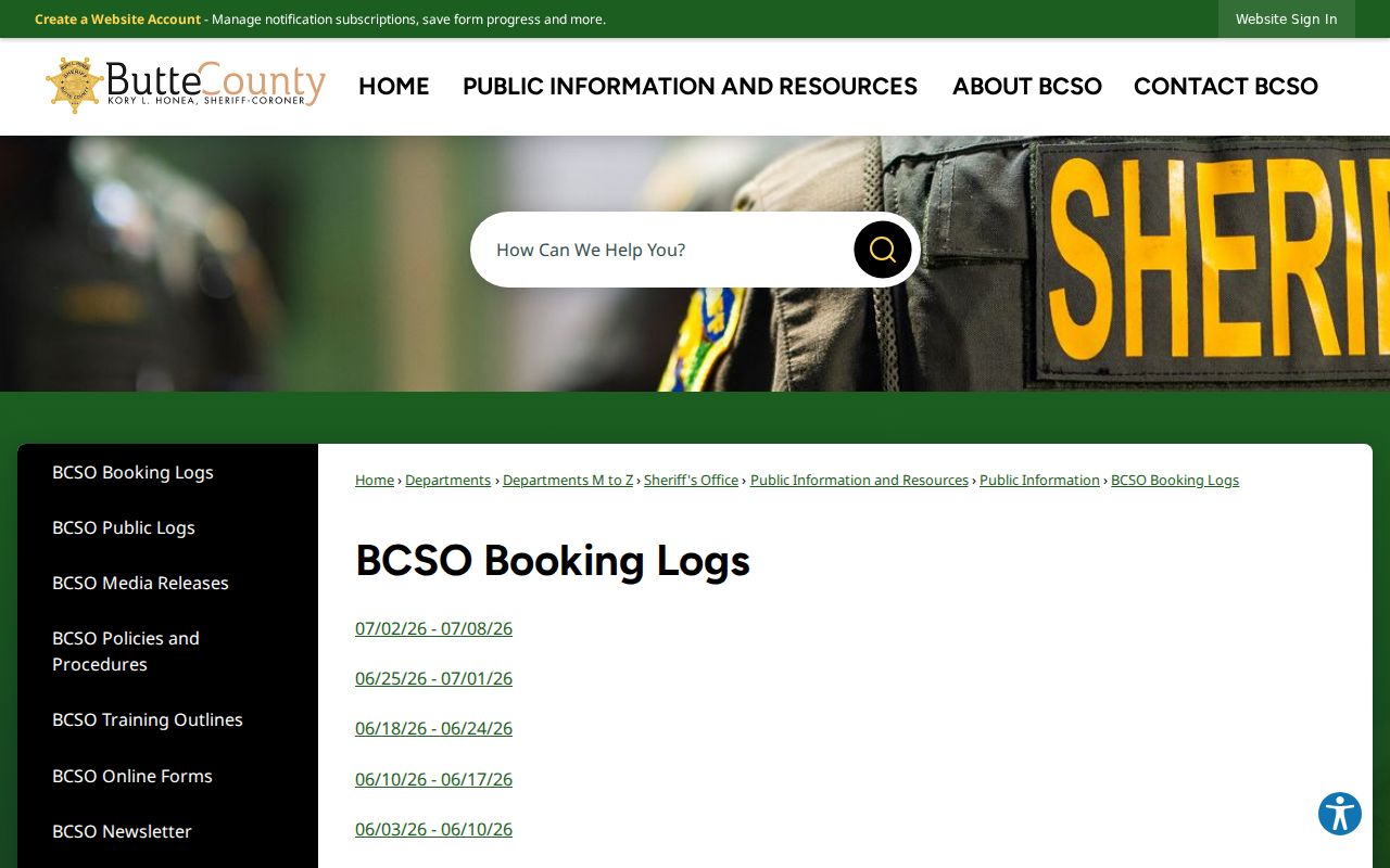Butte County Sheriff weekly booking log archive